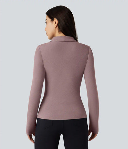 Ribbed Knit V-neck Crossover Long Sleeve Work Top