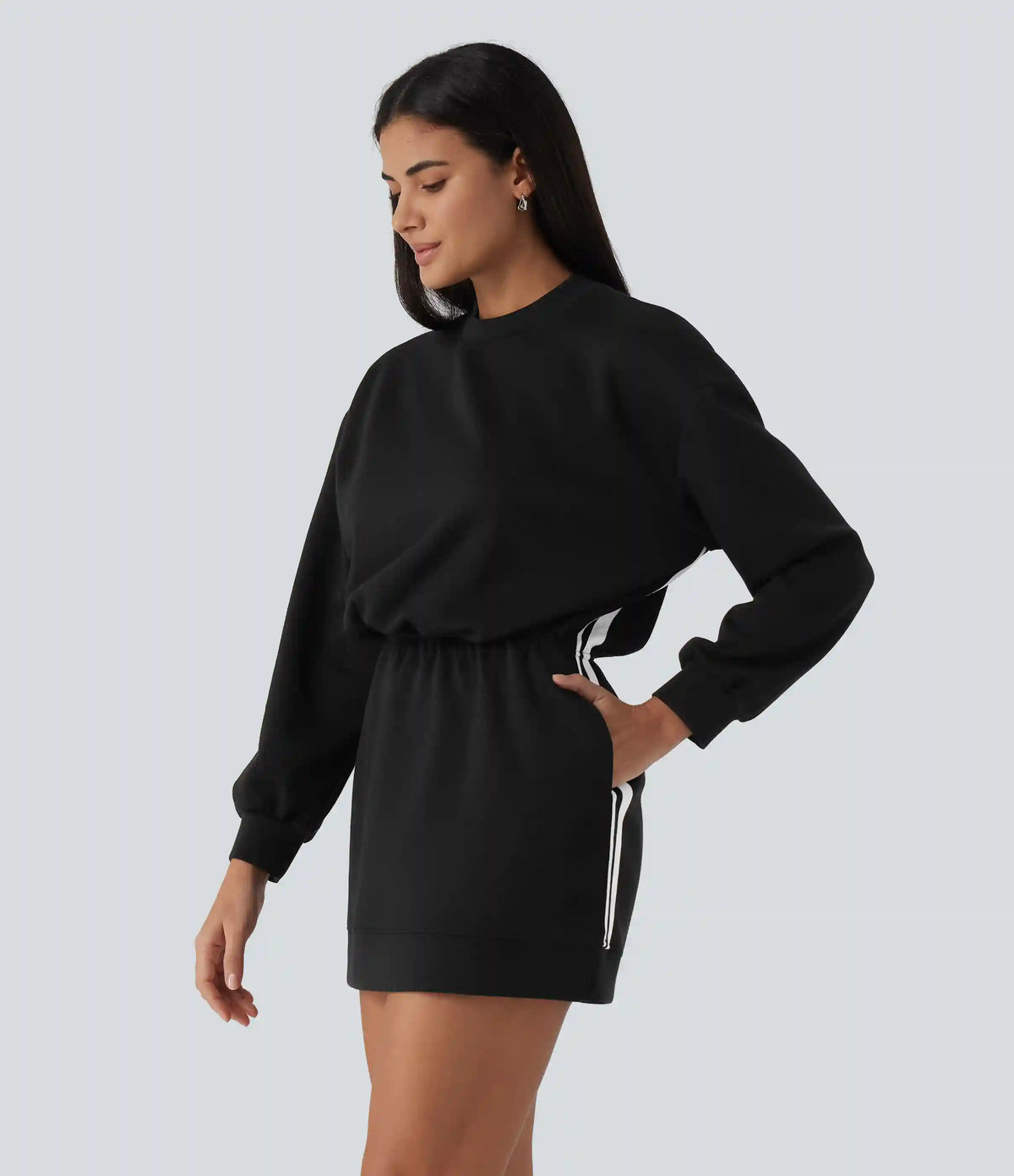 Round Neck Dropped Casual Sweatshirt Mini Dress with Pockets