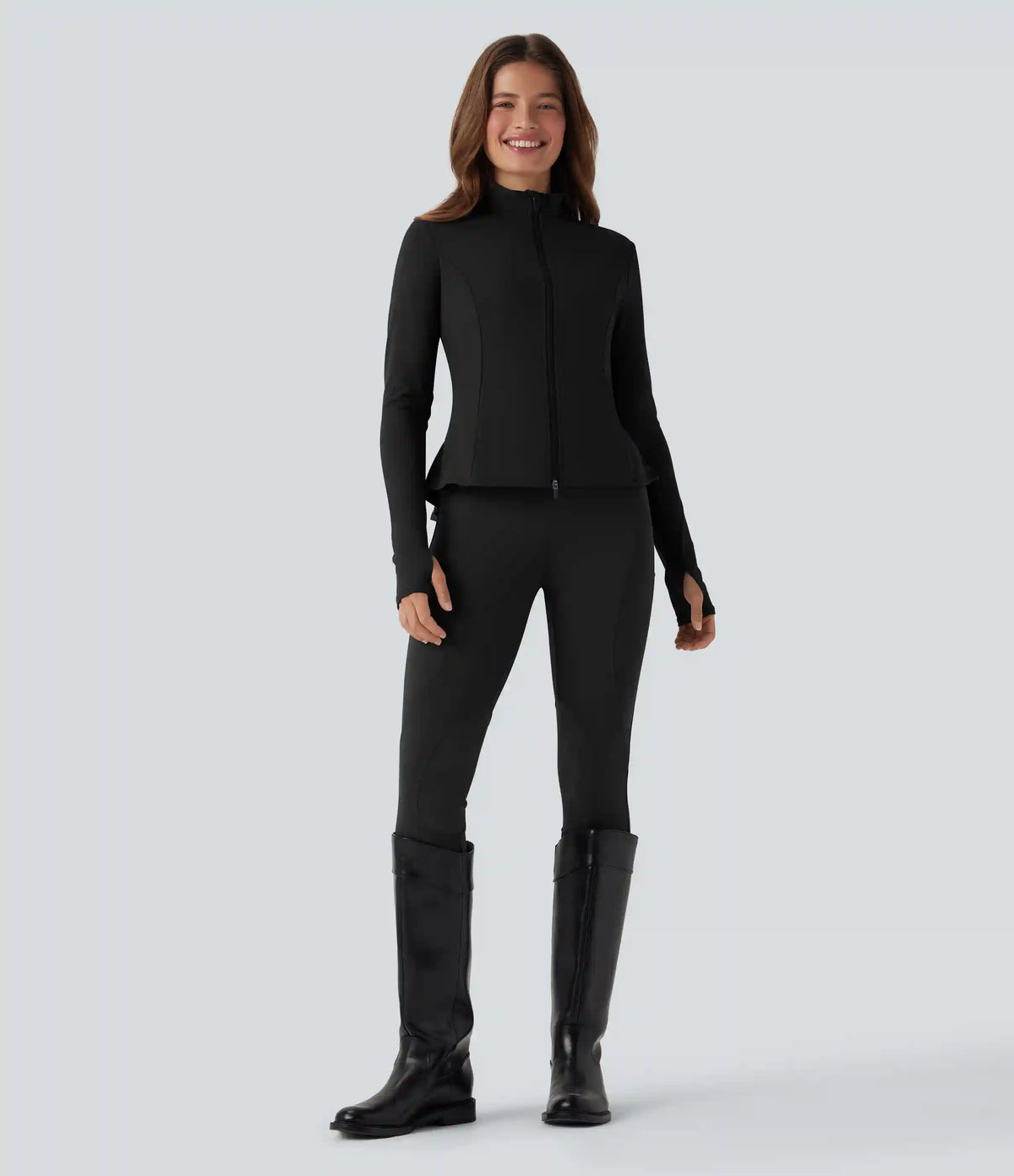 DayStretch Stand Collar Zipper Thumb Hole Ruffle Hem Slim Jacket with Pockets