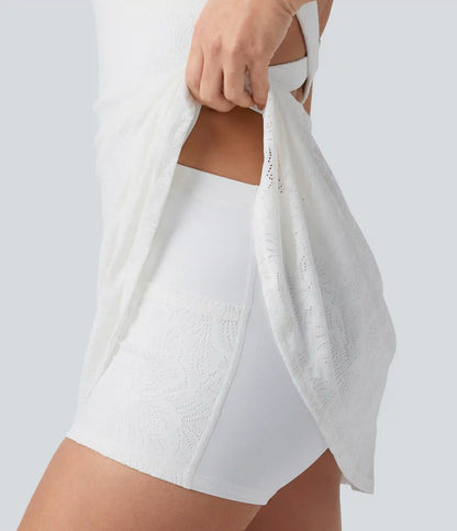 SoftlyZero™ QuickDry Built-in Bra Contrast Lace 2-in-1 Flare Mini Yoga Active Dress with Pockets-Easy Peezy Edition
