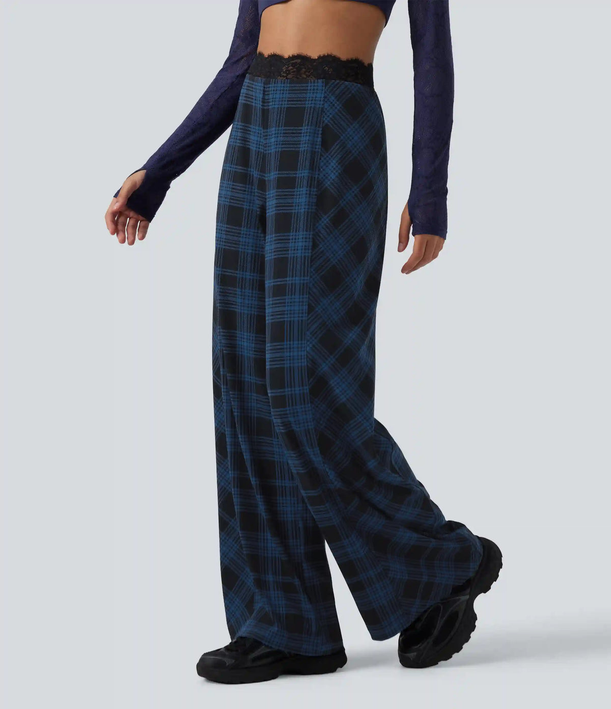 Halara UltraSculpt™ High Waisted Plaid Contrast Lace Baggy Casual Pants with Pockets