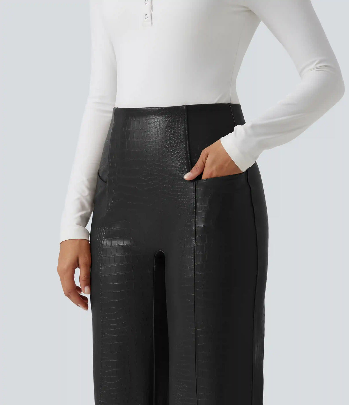 High Waisted Tummy Control Snakeskin Print Stretchy PU Fleece Flare Casual Pants with Pockets