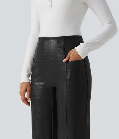 High Waisted Tummy Control Snakeskin Print Stretchy PU Fleece Flare Casual Pants with Pockets
