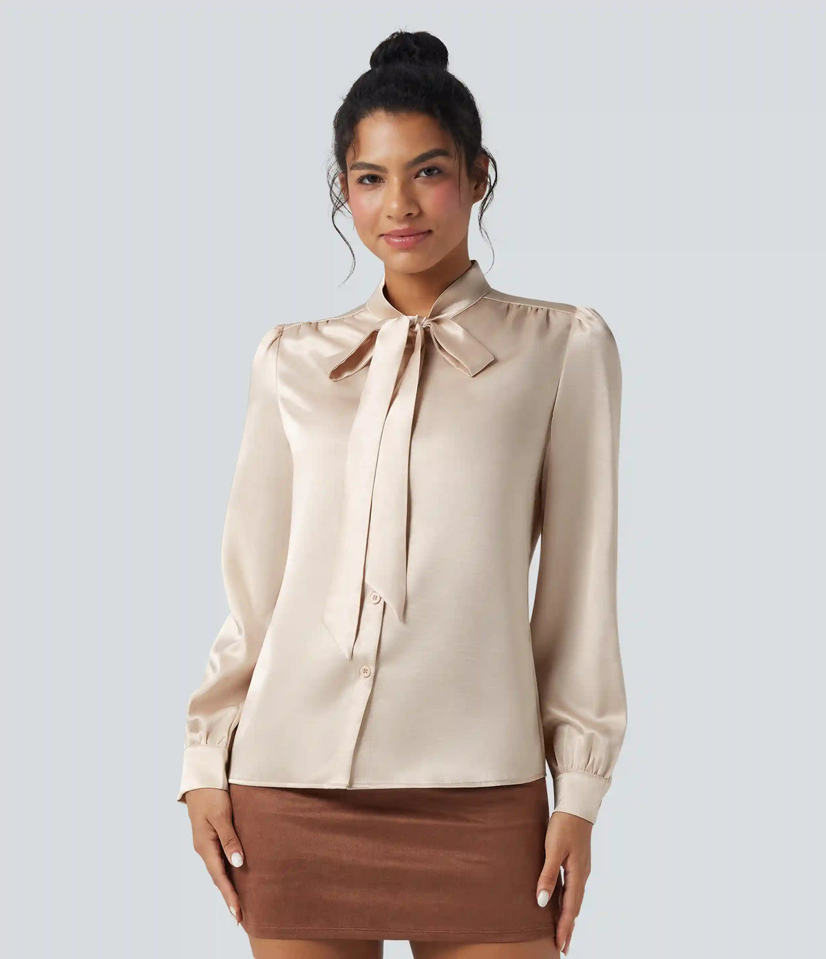 Tie Front Long Sleeve Satin Work Shirt
