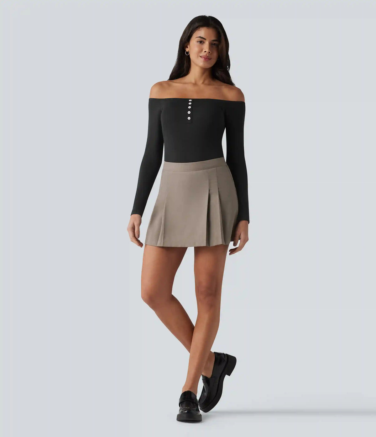 Ribbed Off-shoulder Long Sleeve Built-in Bra Ultra-slim Casual T-Shirt