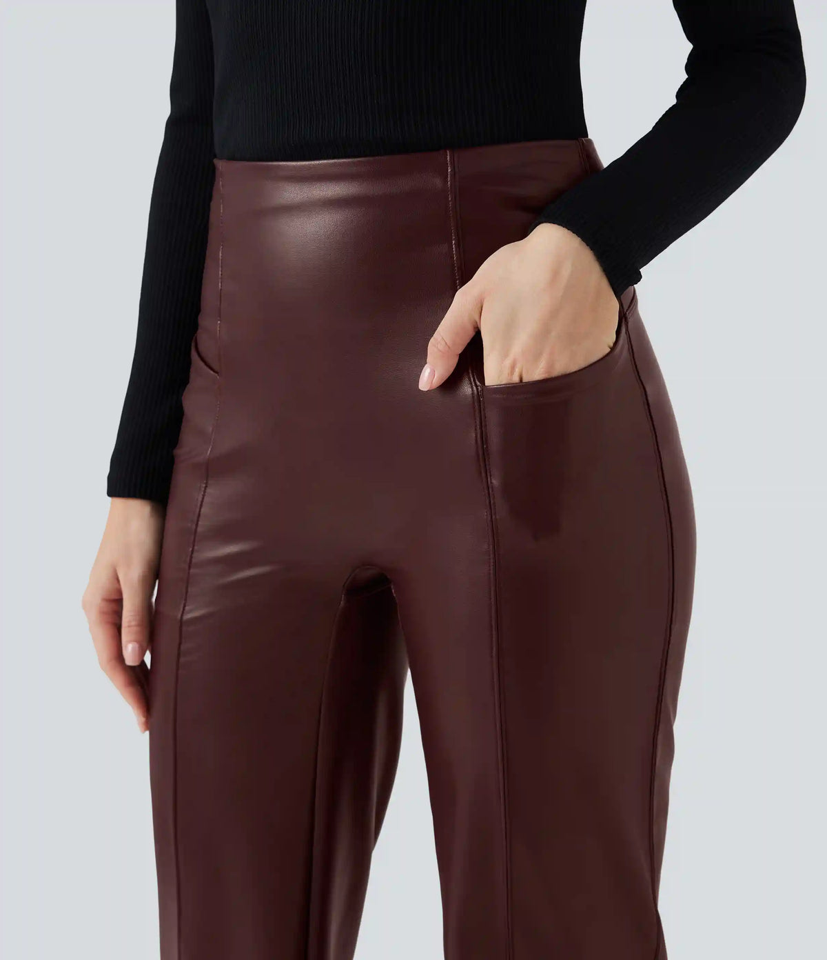 High Waisted Tummy Control Stretchy PU Fleece Casual Flare Pants with Pockets