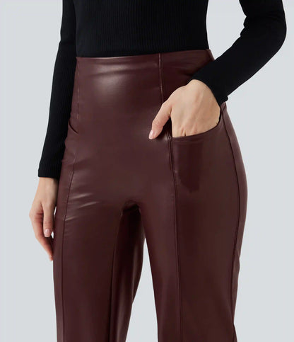 High Waisted Tummy Control Stretchy PU Fleece Casual Flare Pants with Pockets