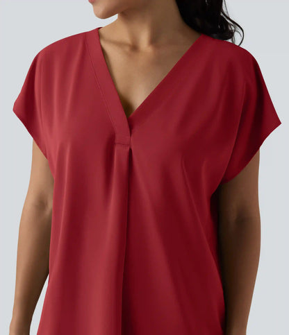 Wrinkle Recovery V-neck Short Sleeve Oversized Work Blouse