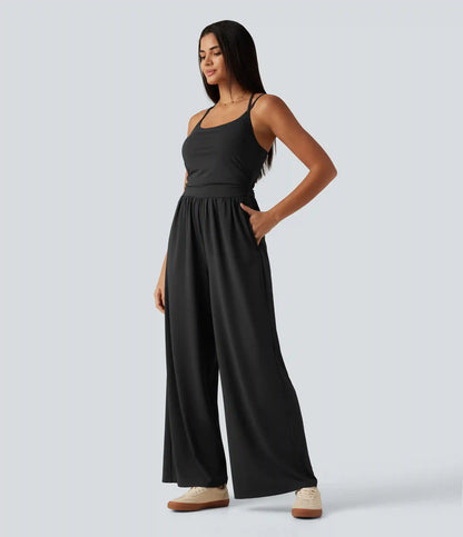 U Neck Sleeveless Crossover Built-in Bra Wide Leg Casual Jumpsuit with Pockets--Easy Peezy
