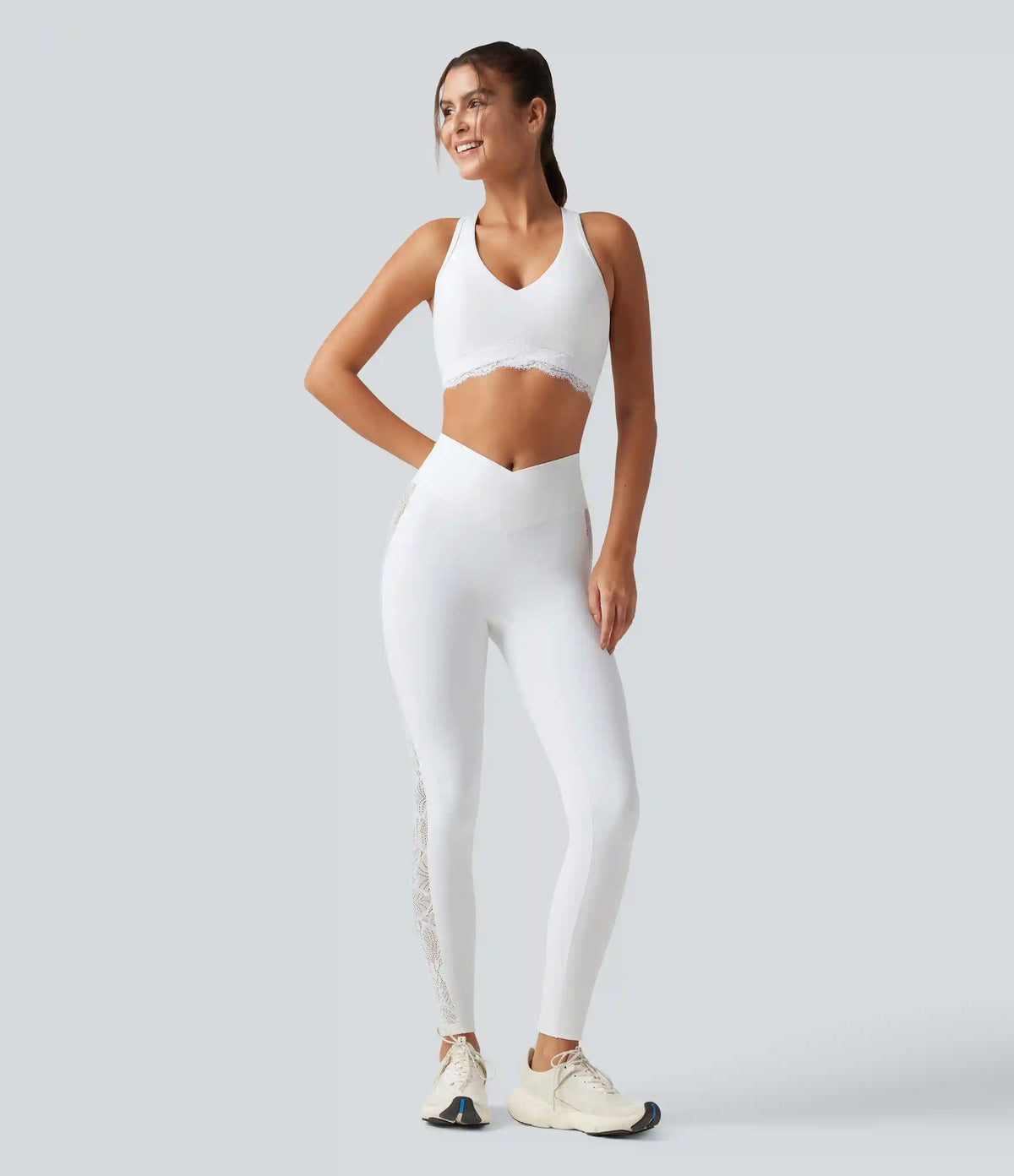 Halara UltraSculpt™ Low Support V Neck Built-in Bra Racerback Contrast Lace Workout Sports Bra