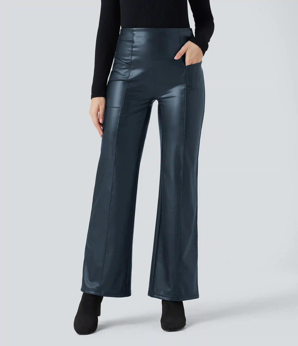 High Waisted Tummy Control Stretchy PU Fleece Casual Flare Pants with Pockets