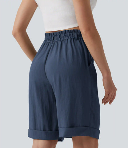 High Waisted Rolled Hem Linen-Feel Resort Bermuda Shorts 10'' with Pockets