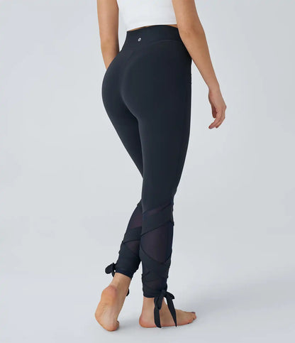 SoftlyZero™ High Waisted Contrast Mesh Lace Up Yoga 7/8 Leggings