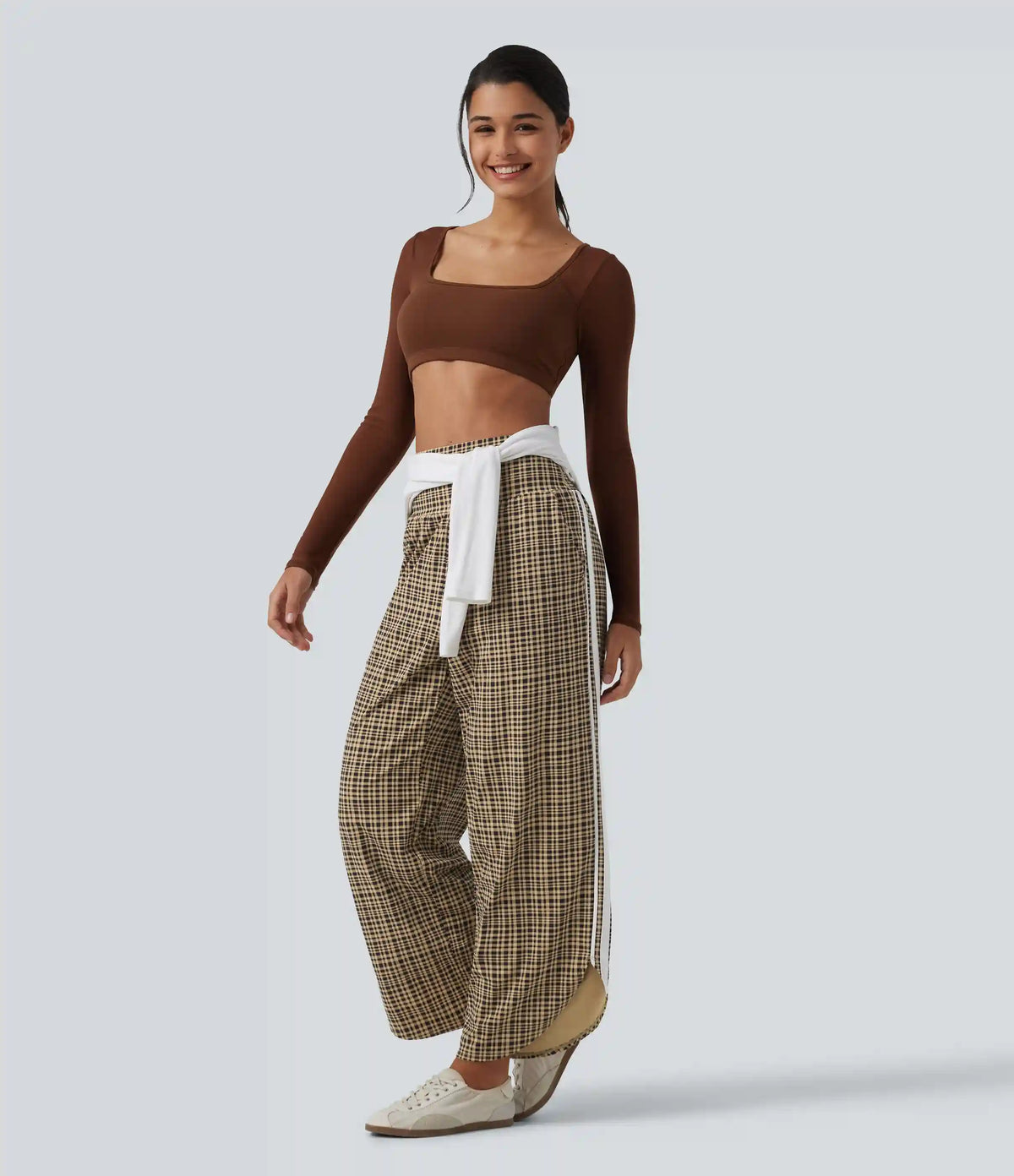 High Waisted Tummy Control Plaid Wide Leg Running Pants with Pockets