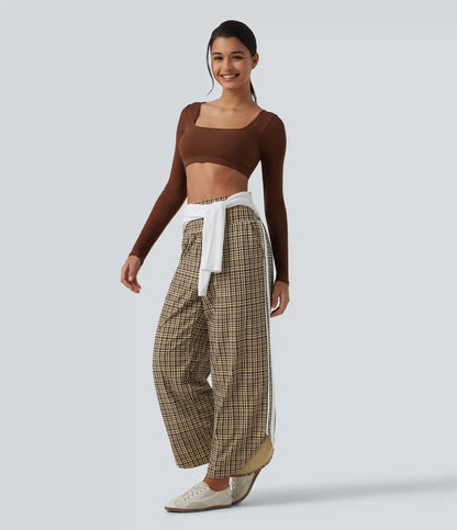 High Waisted Tummy Control Plaid Wide Leg Running Pants with Pockets