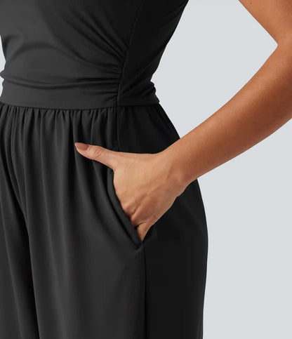 U Neck Sleeveless Crossover Built-in Bra Wide Leg Casual Jumpsuit with Pockets--Easy Peezy