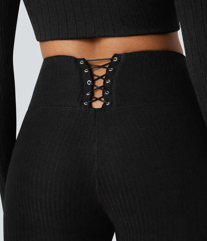 Ribbed Knit High Waisted Crisscross Back Casual Leggings with Pockets