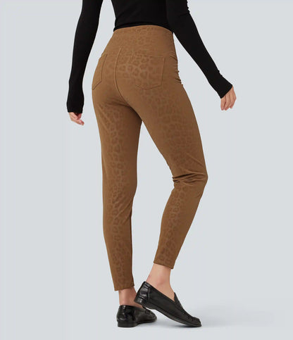High Waisted Tummy Control Stretchy PU Leopard Print Fleece Casual Leggings with Pockets