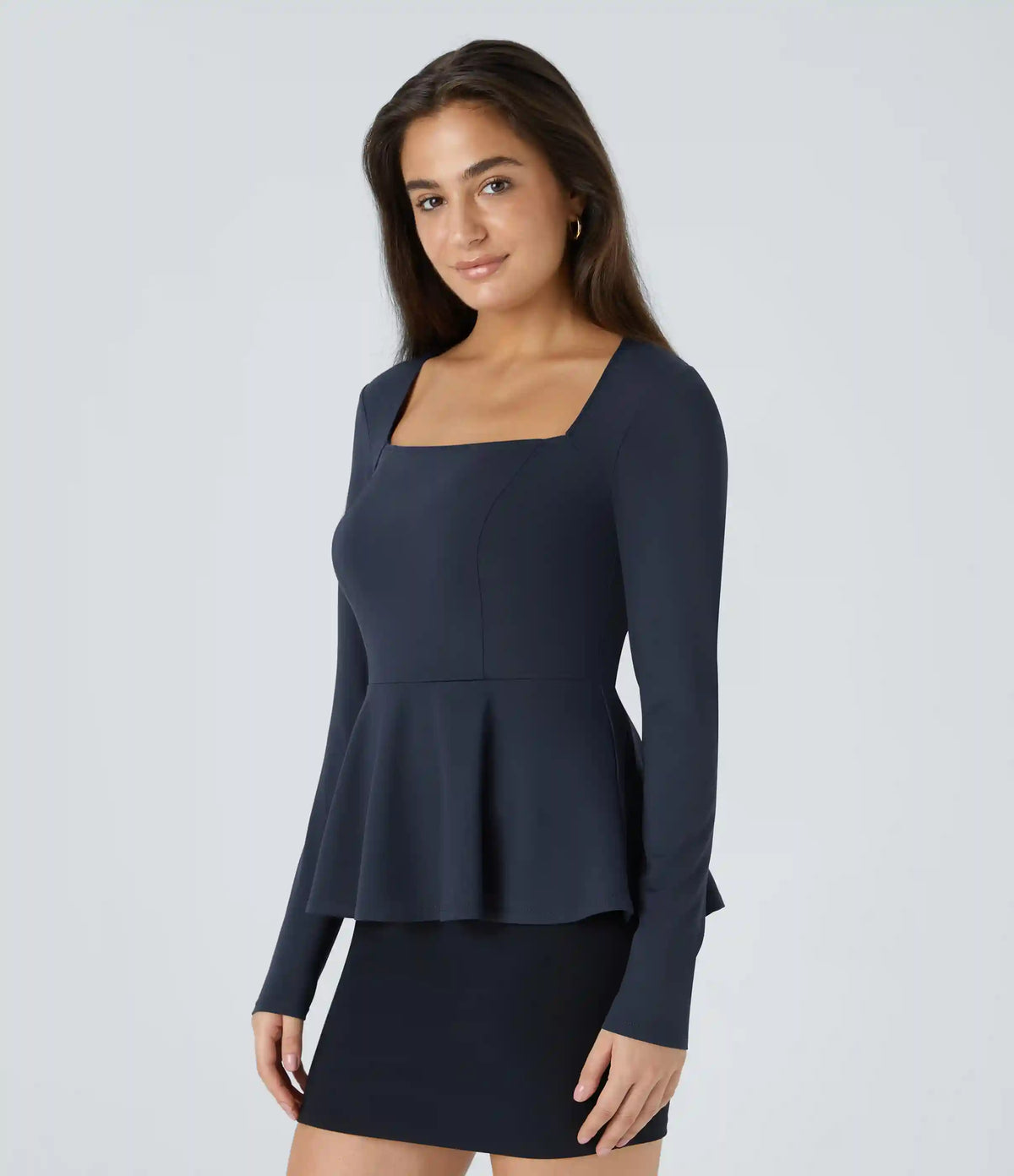 Square Neck Long Sleeve Ruffle Hem Work Top