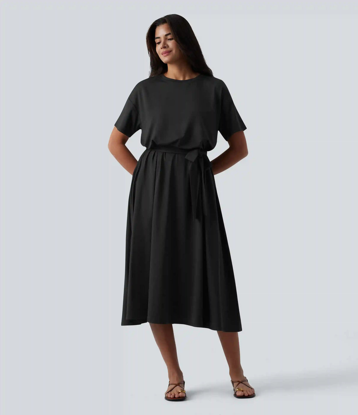 Round Neck Short Sleeve Belted Midi Flowy Casual T-Shirt Dress with Pockets