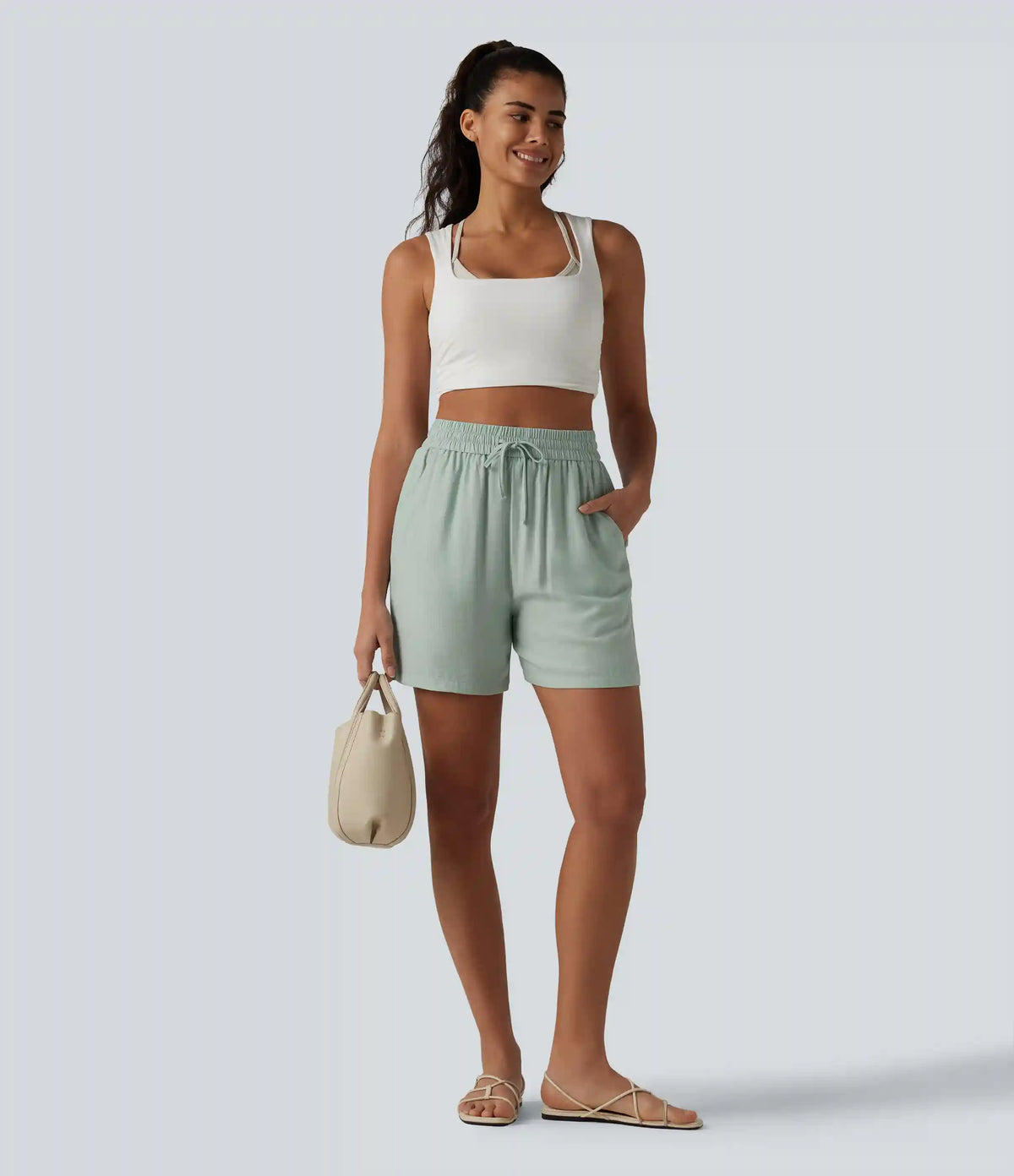 High Waisted Drawstring Casual Linen-Blend Baggy Shorts 5'' with Pockets