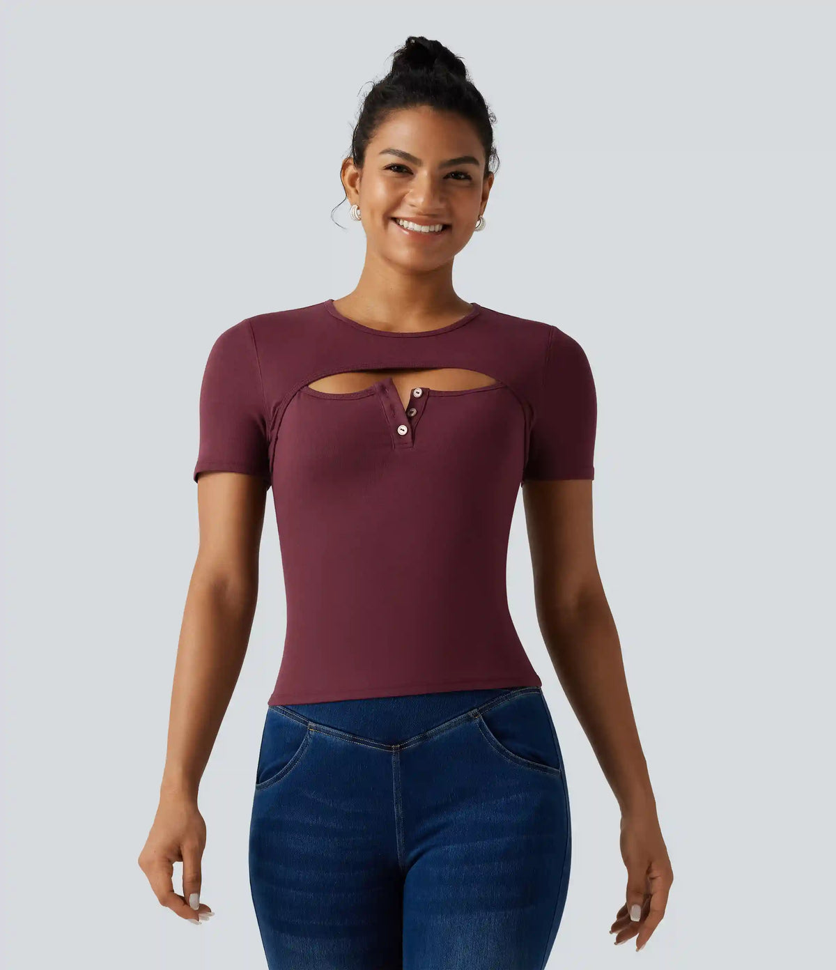 Ribbed Knit Round Neck Cut Out Short Sleeve Built-in Bra Casual T-Shirt