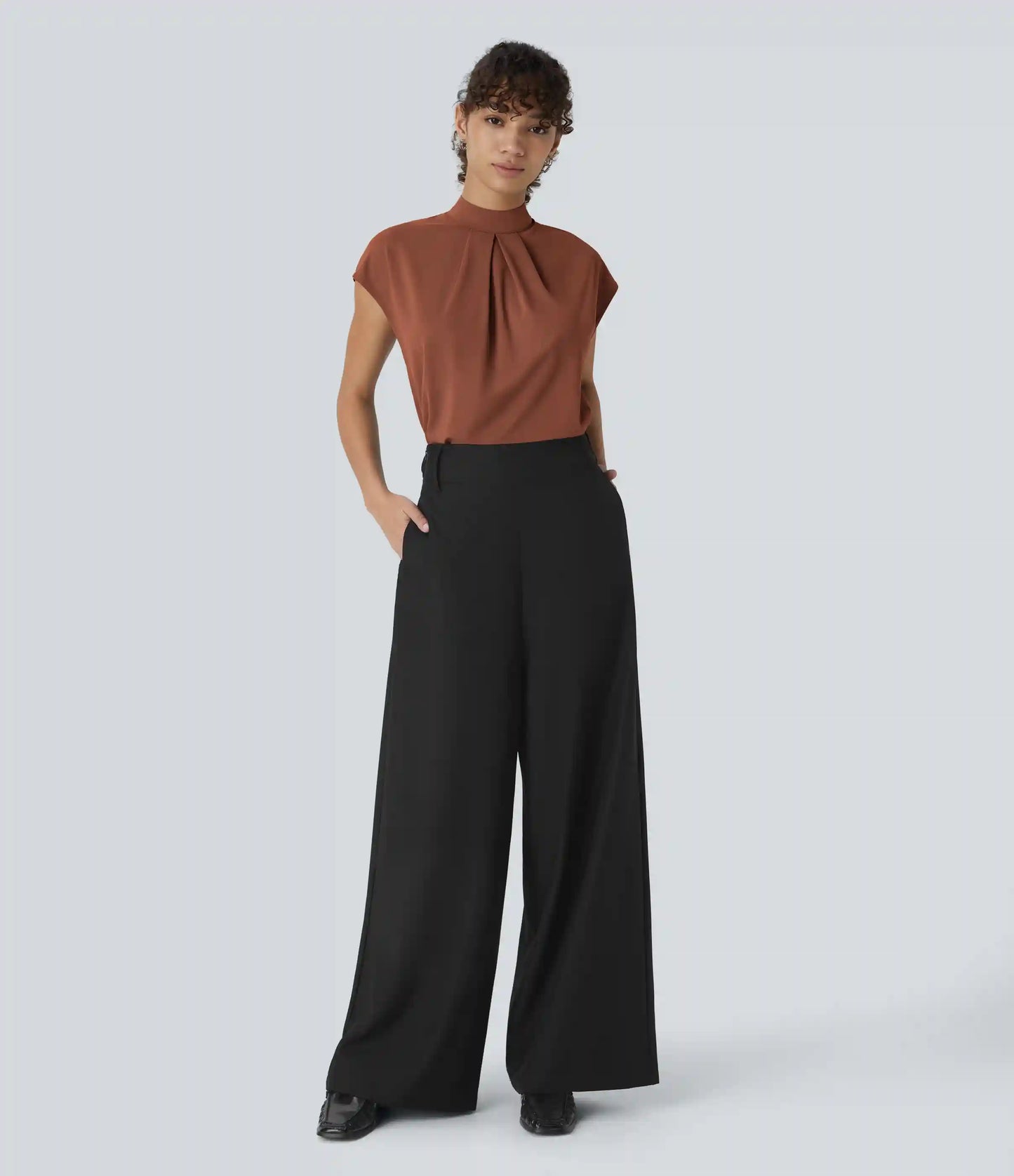Stand Collar Back Cap Sleeve Work Blouse