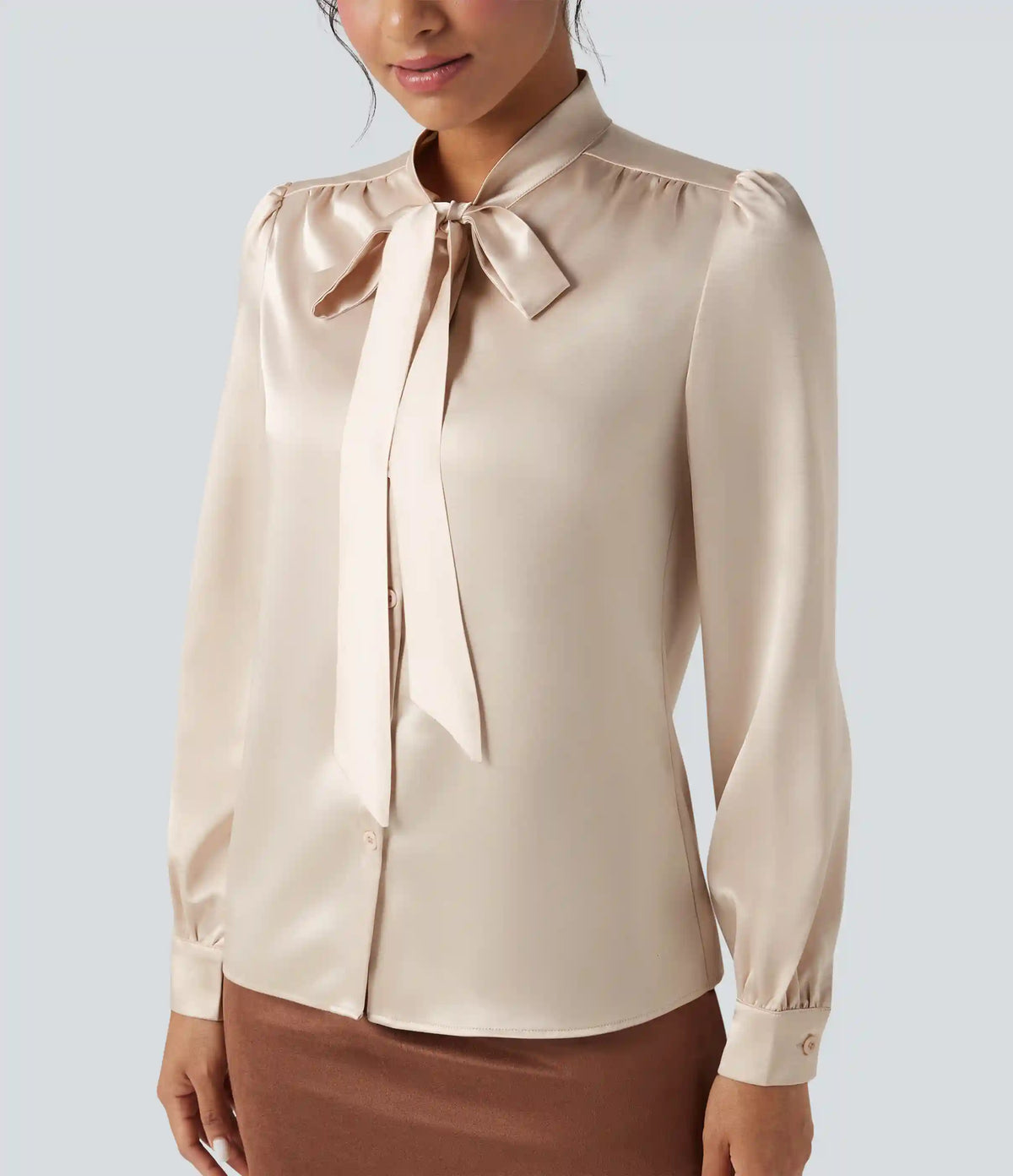 Tie Front Long Sleeve Satin Work Shirt