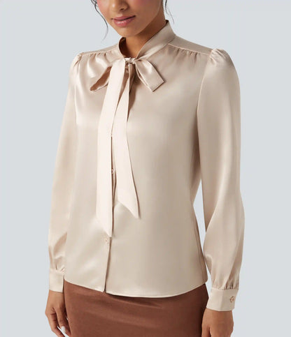 Tie Front Long Sleeve Satin Work Shirt