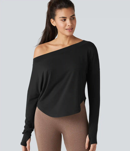 One Shoulder Long Sleeve Thumb Hole Curved Hem High Low Quick Dry Yoga Sports Top
