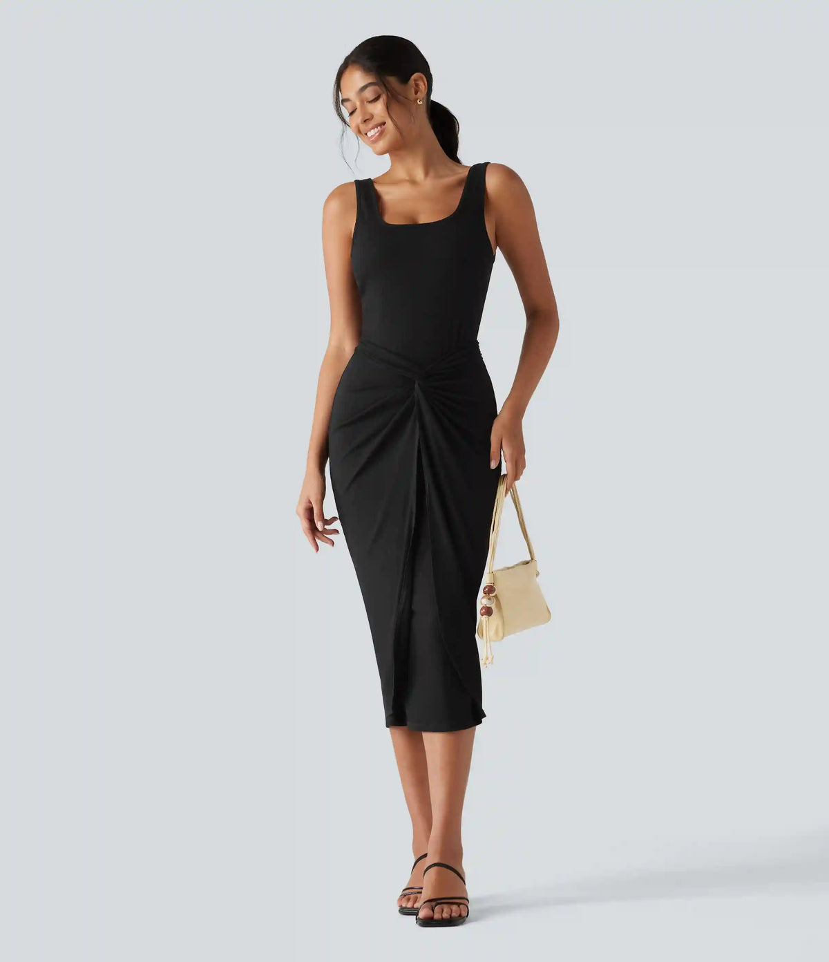 Ribbed Knit U Neck Sleeveless Heathered Bodycon Midi Casual Dress