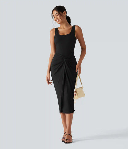 Ribbed Knit U Neck Sleeveless Heathered Bodycon Midi Casual Dress