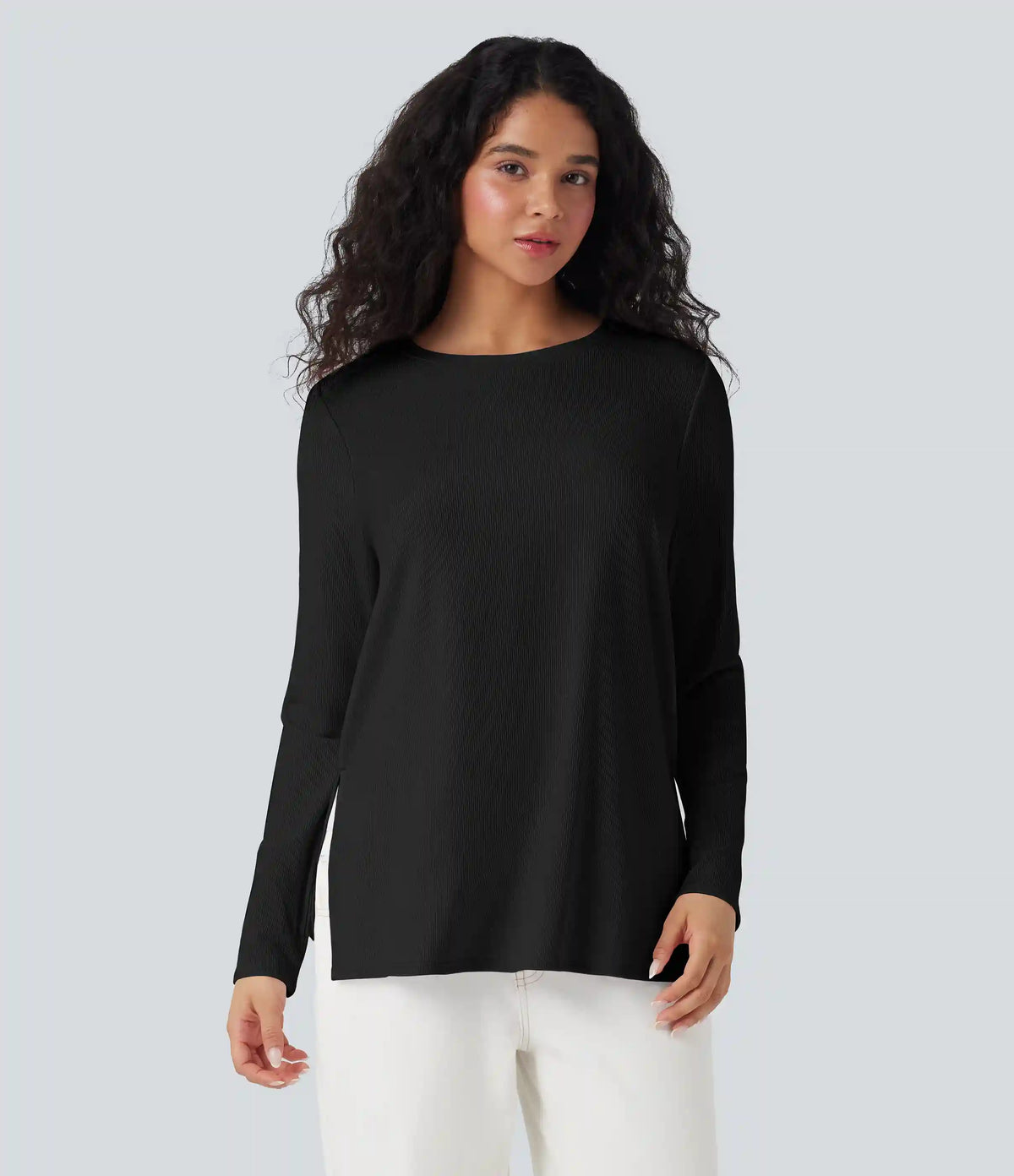 Ribbed Knit Long Sleeve Split Hem Casual T-Shirt