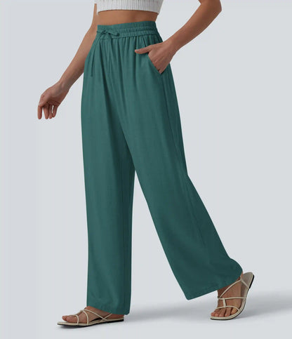 High Waisted Drawstring Wide Leg Casual Linen-Blend Pants with Pockets