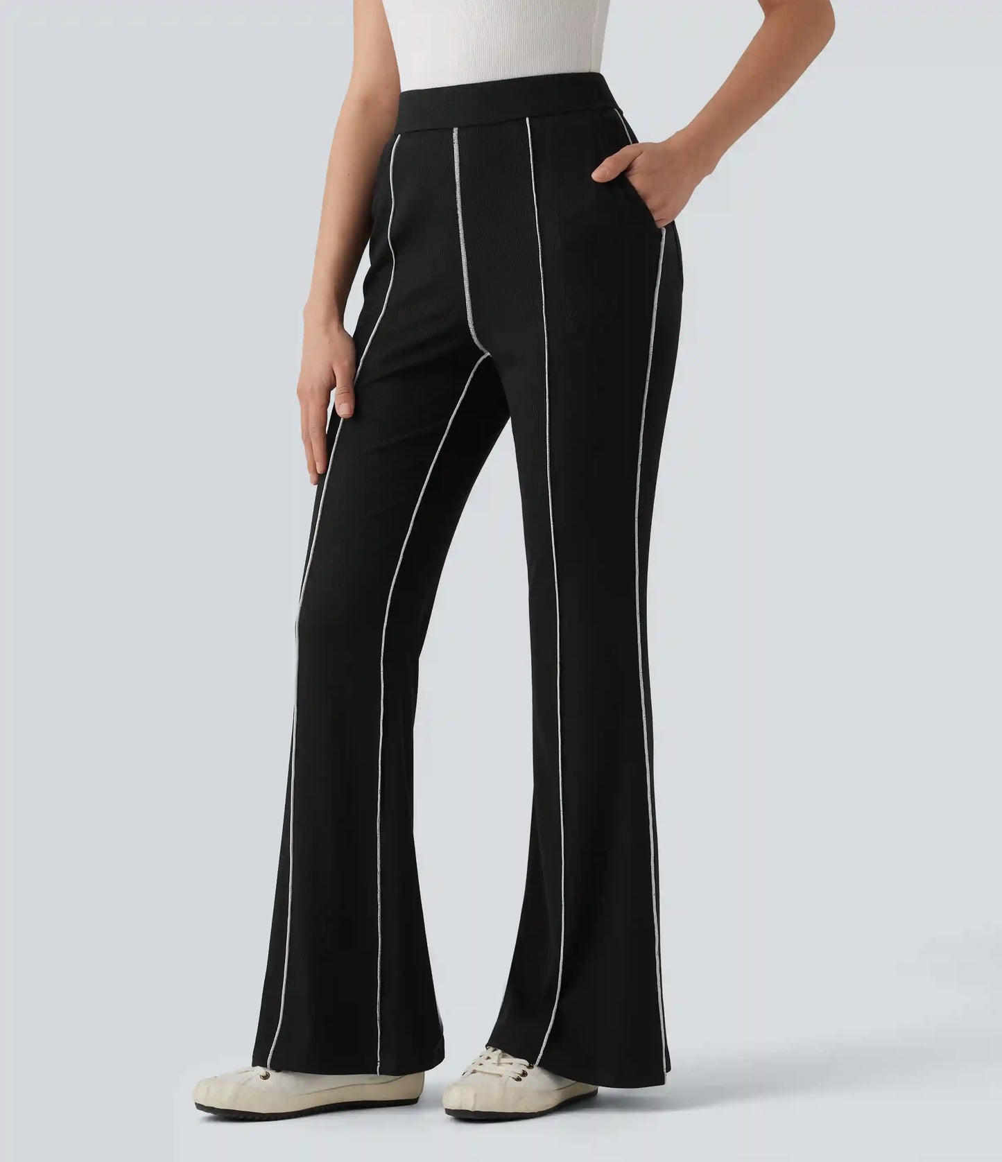 High Stretch Ribbed Knit High Waisted Color Block Top-stitching Casual Flare Leggings with Pockets