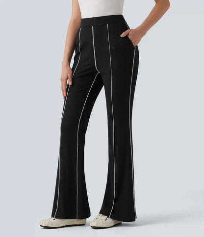High Stretch Ribbed Knit High Waisted Color Block Top-stitching Casual Flare Leggings with Pockets