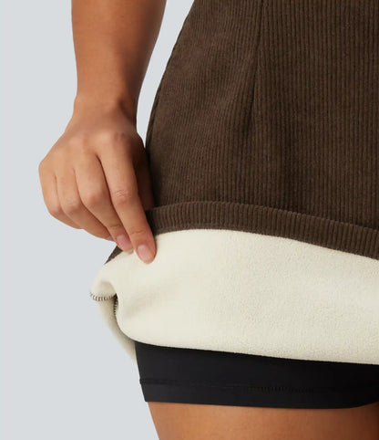 High Waisted A-Line Corduroy Fleece Casual Mini Skirt with Built-in Shorts-Longer Length