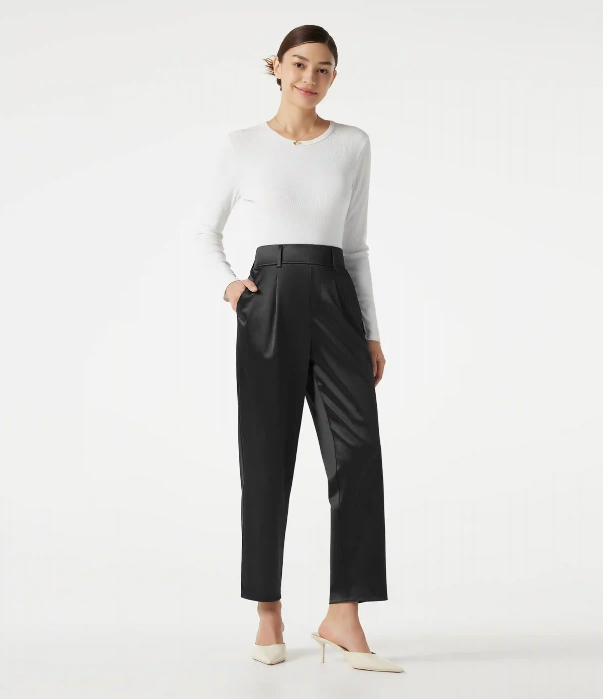 High Waisted Tapered Satin Work Pants with Pockets