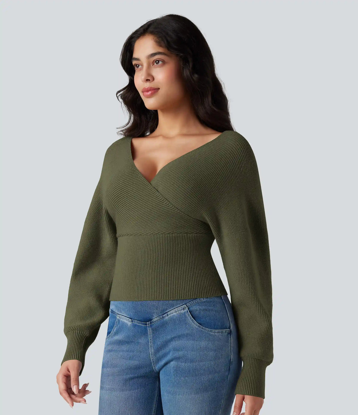 V-neck Batwing Long Sleeve Cut-out Casual Sweater