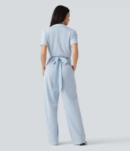 Short Sleeve Wrapped Tie Back Stripe Crinkle Cotton Casual Shirt Jumpsuit with Pockets-Easy Peezy Edition