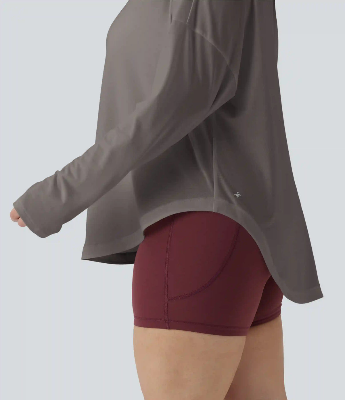 One Shoulder Long Sleeve Thumb Hole Curved Hem High Low Quick Dry Yoga Plus Size Sports Top-Built-in Bra