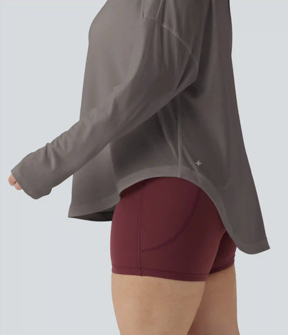 One Shoulder Long Sleeve Thumb Hole Curved Hem High Low Quick Dry Yoga Plus Size Sports Top-Built-in Bra