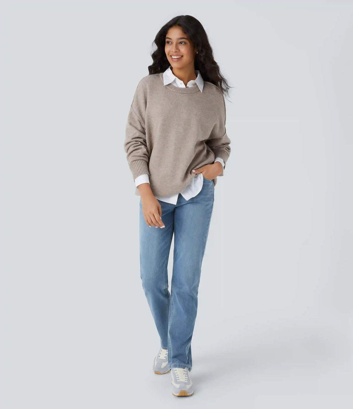 Round Neck Dropped Shoulder Long Sleeve Casual Sweater