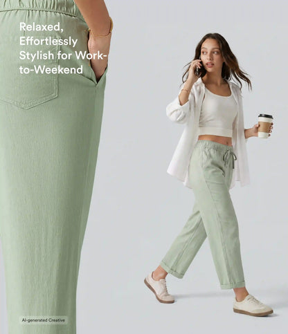 Mid Rise Drawstring Casual Stretch Linen Slim Pants with Pockets