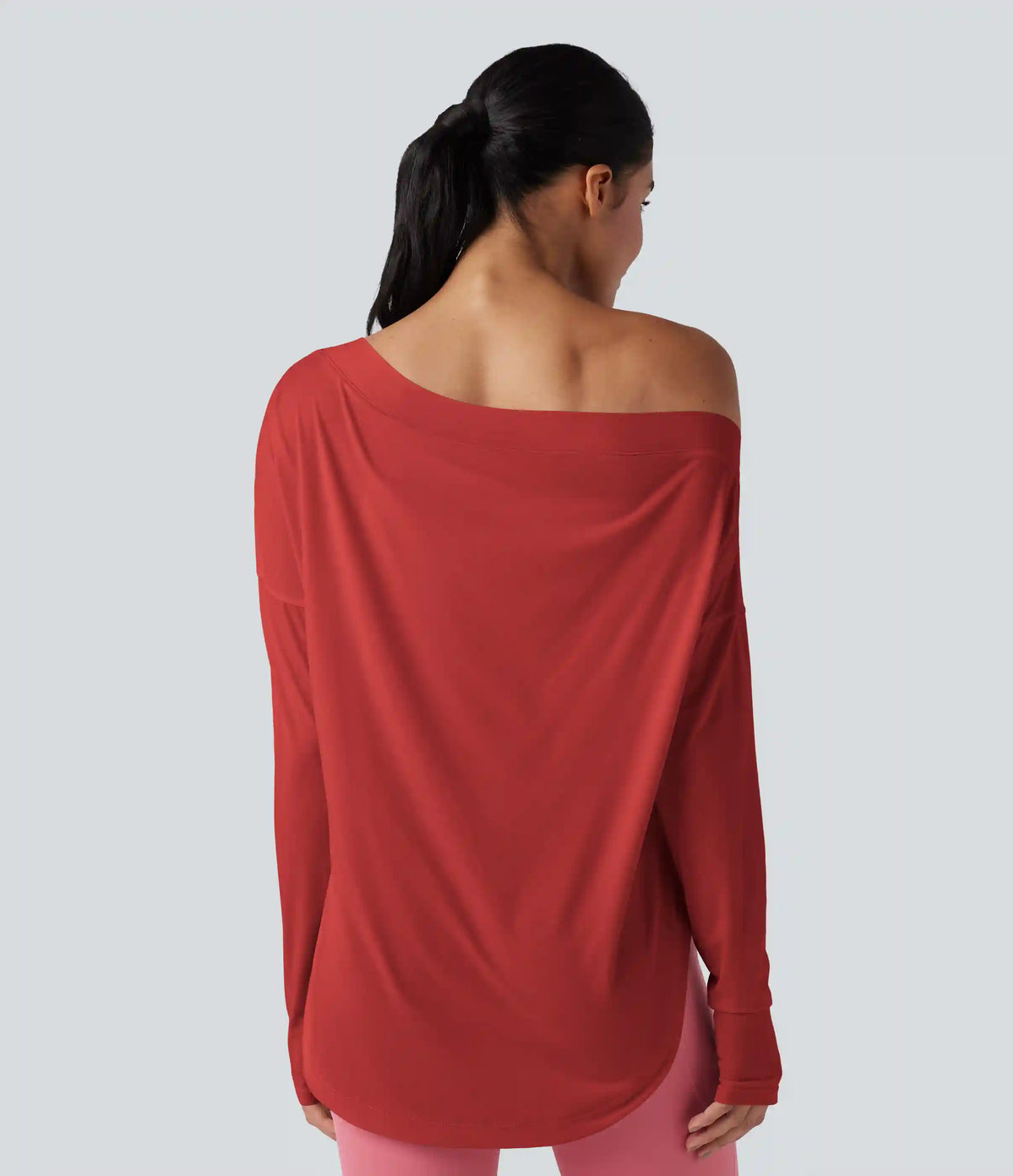 One Shoulder Long Sleeve Thumb Hole Curved Hem High Low Quick Dry Yoga Sports Top-Built-in Bra