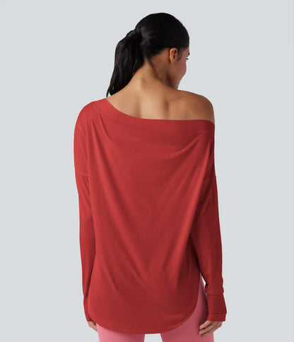 One Shoulder Long Sleeve Thumb Hole Curved Hem High Low Quick Dry Yoga Sports Top-Built-in Bra