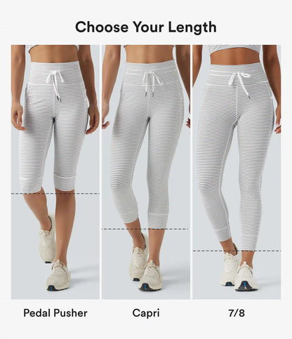 High Waisted Drawstring Stripe Capri Yoga Leggings with Pockets