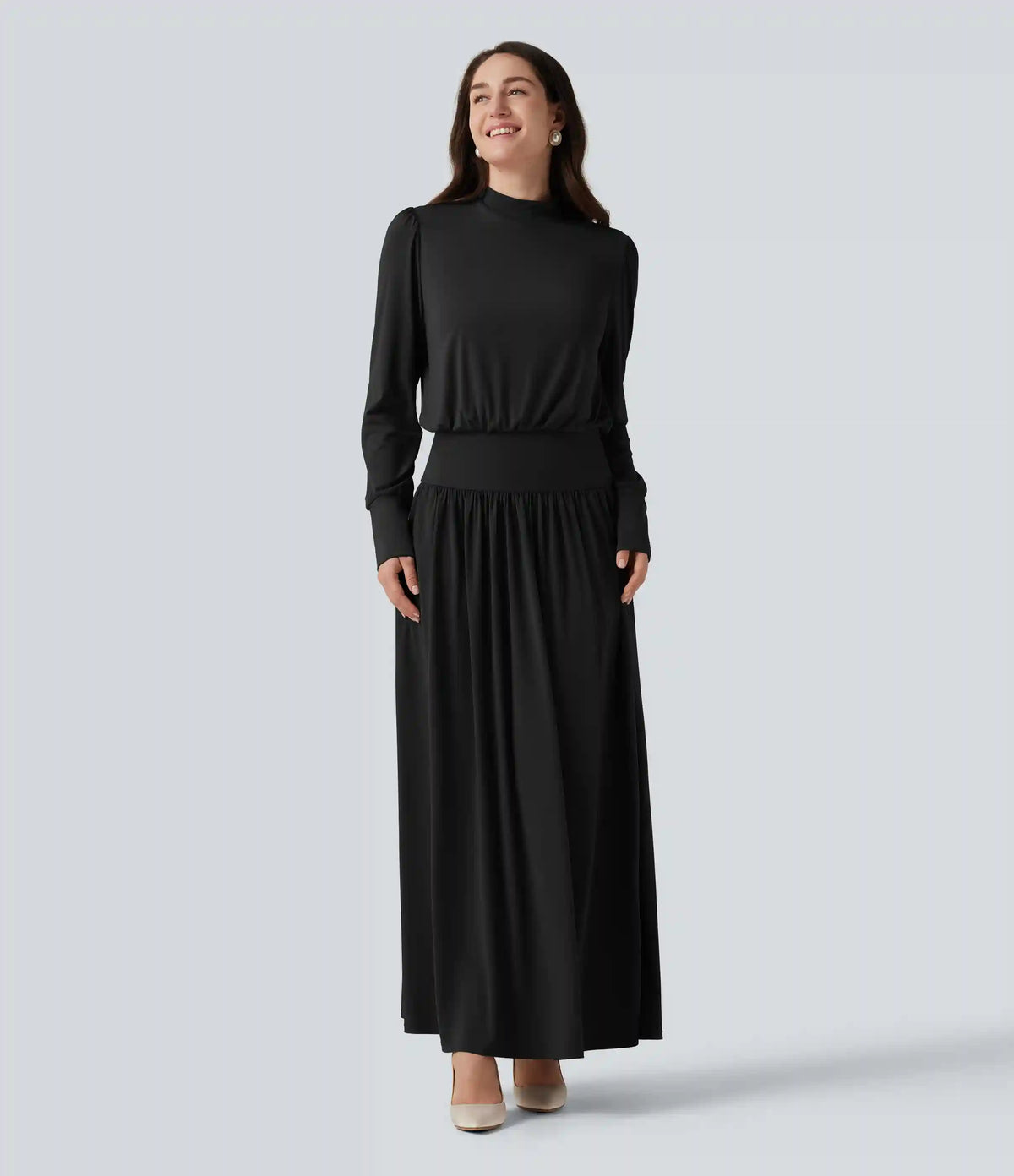 Mock Neck Long Sleeve Ruched Party Maxi Dress with Pockets