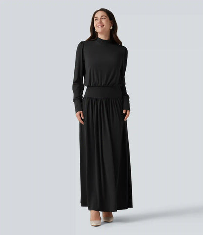 Mock Neck Long Sleeve Ruched Party Maxi Dress with Pockets