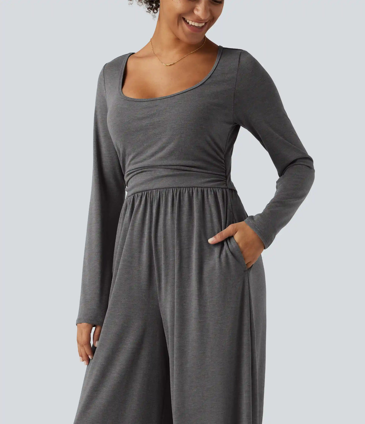 Scoop Neck Long Sleeve Built-in Bra Wide Leg Ruched Casual Jumpsuit with Pockets-Easy Peezy Edition